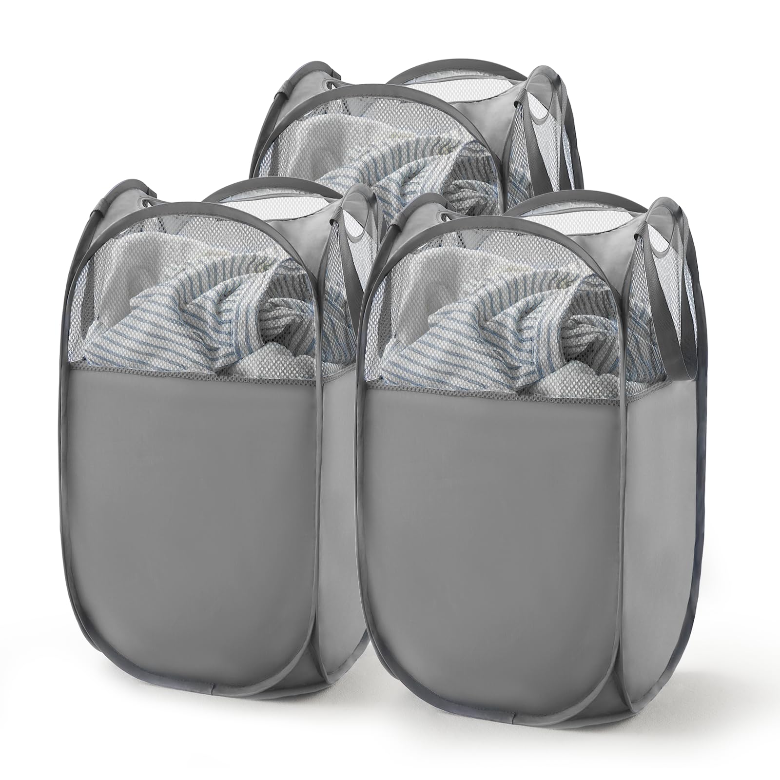 TECHMILLY Pop Up Foldable Laundry Basket, Mesh Laundry Hamper with Reinforced Handles for Dirty Clothes Storage in Dorm, Laundry Room, Bathroom, Grey(Fabric), 3 Pack
