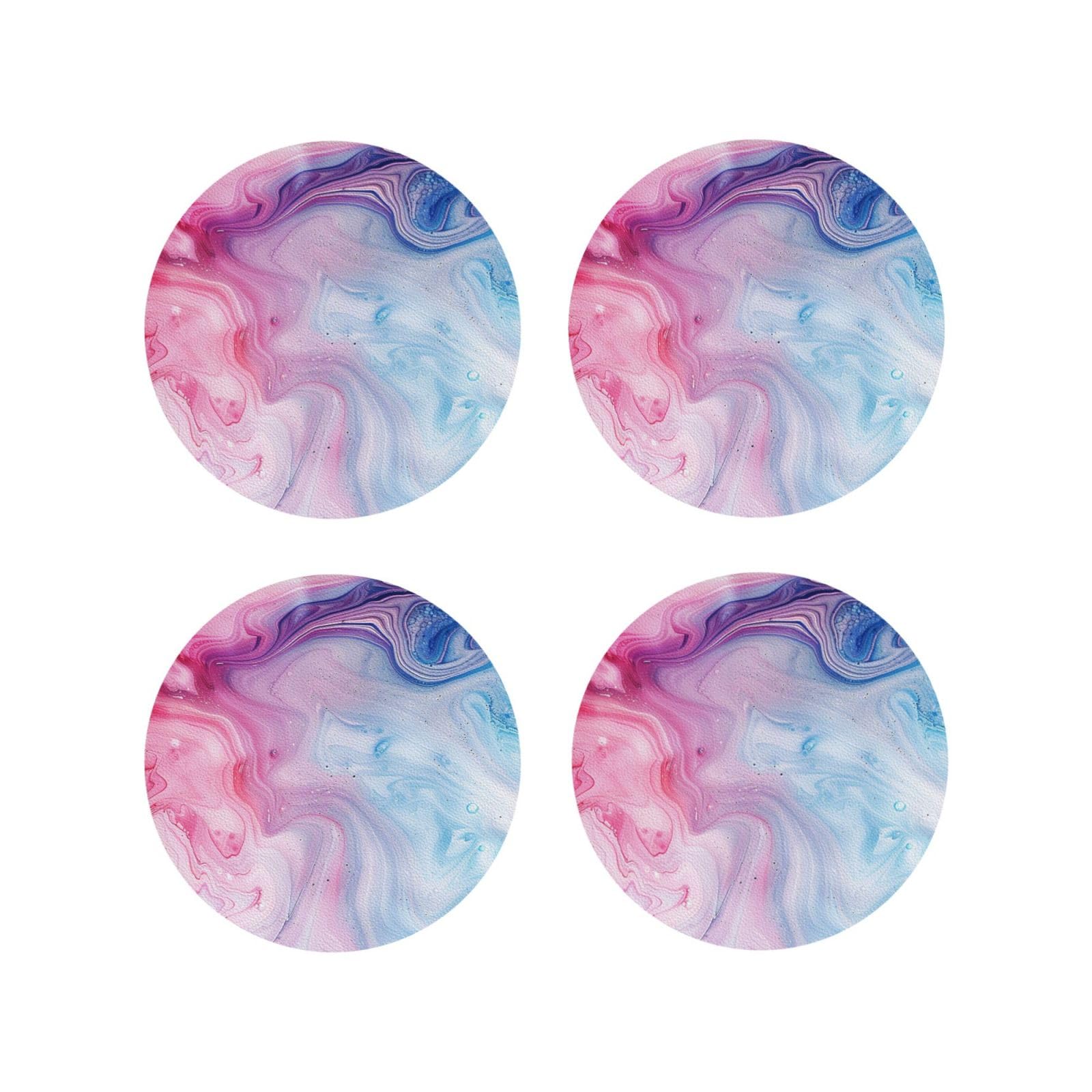 Anceky Round Shape Colorful Marble Printed Coasters 4 Pcs For Drinking, Leather Coaster For Home Decor Tabletop Protection