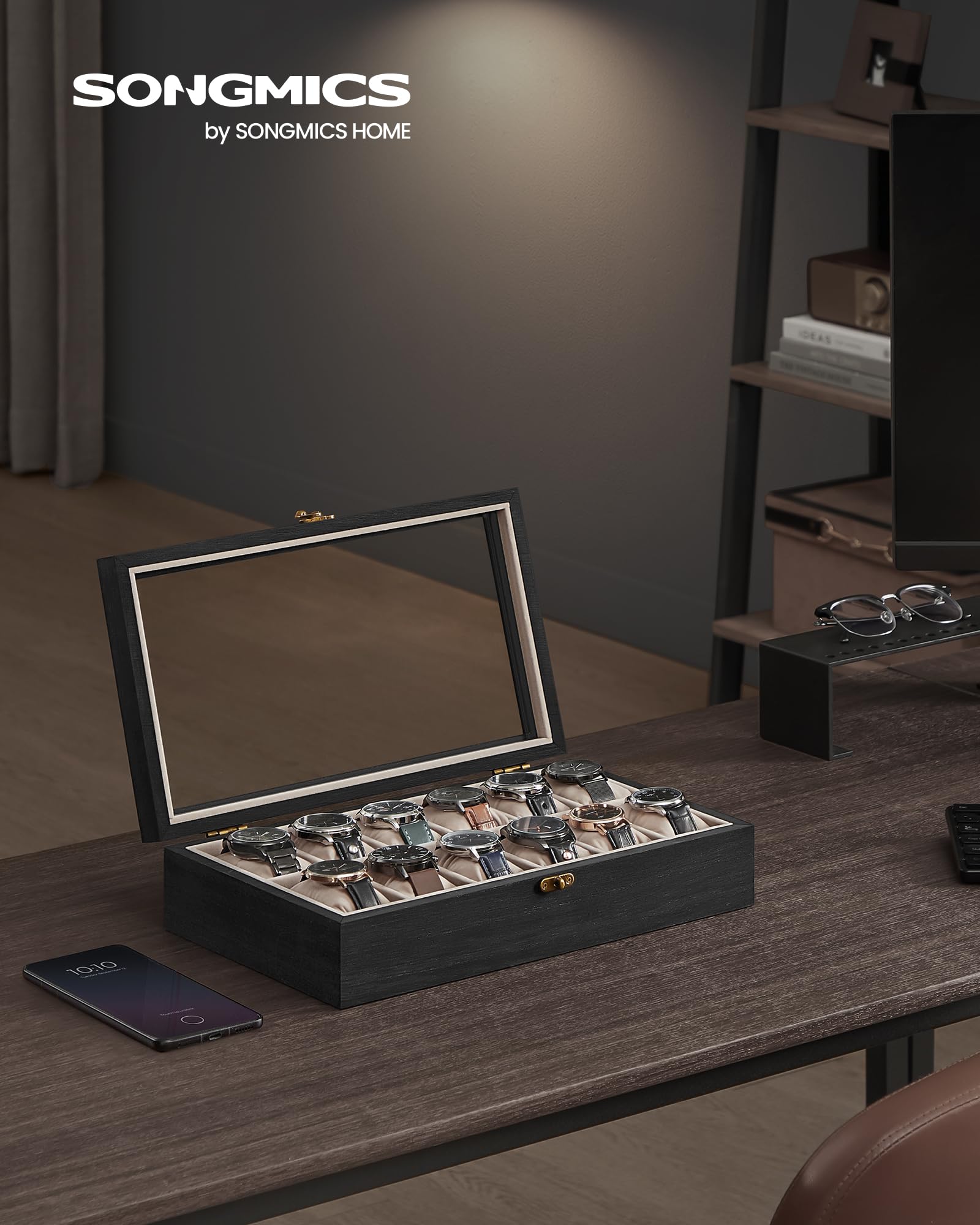 SONGMICS Scatola per Orologi, Scatola Porta Orologi a 12 Scomparti, Portaorologi in Legno con Coperchio in Vetro e Cuscinetti Rimovibili, Idea Regalo, Nero Ebano JOW120B01
