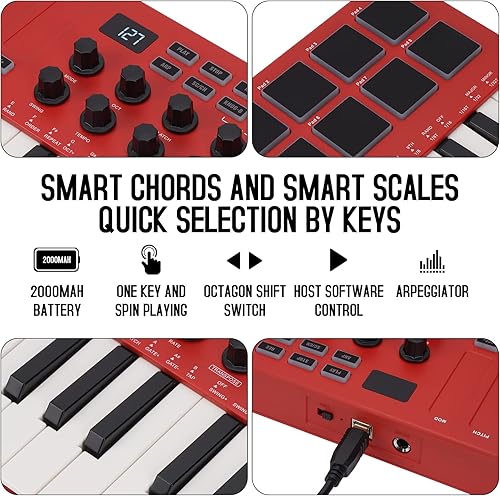 Miniatura 5 de M-VAVE Controlador de teclado MIDI USB de 25 teclas con 8 almohadillas retroiluminadas, teclado dinámico profesional semiponderado Bluetooth, 8