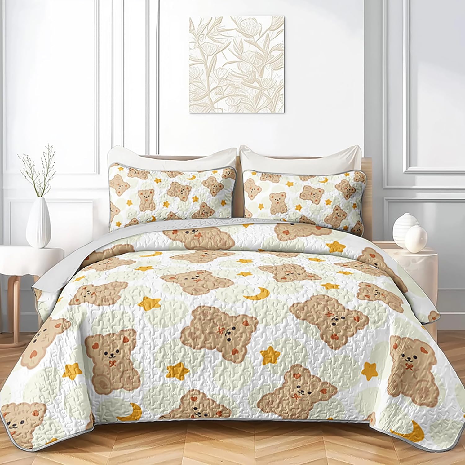 AILONEN Cute Bear Twin Size Quilted Bedspread Coverlet,Brown Teddy Bear Quilt Set 3Pcs,Soft Cartoon Animal Themed Bed Cover for Kids + 2 Pillowcases