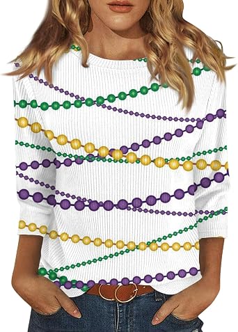 Funny Mardi Gras Shirts For Women Carnival Print Crew Neck Loose New Party Soft Comfy 2025 Tops