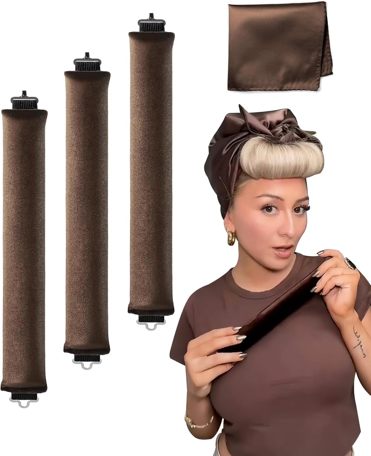 Heatless Hair Curler Overnight Curl Blow Out Rod Headband No Heat Curlers Sleeping on Big Rod Hair Roller Blow Out Look for Short Hair Styling Tools Silk Hair Wrap Curling Set Brown, 4 Count (Pack of