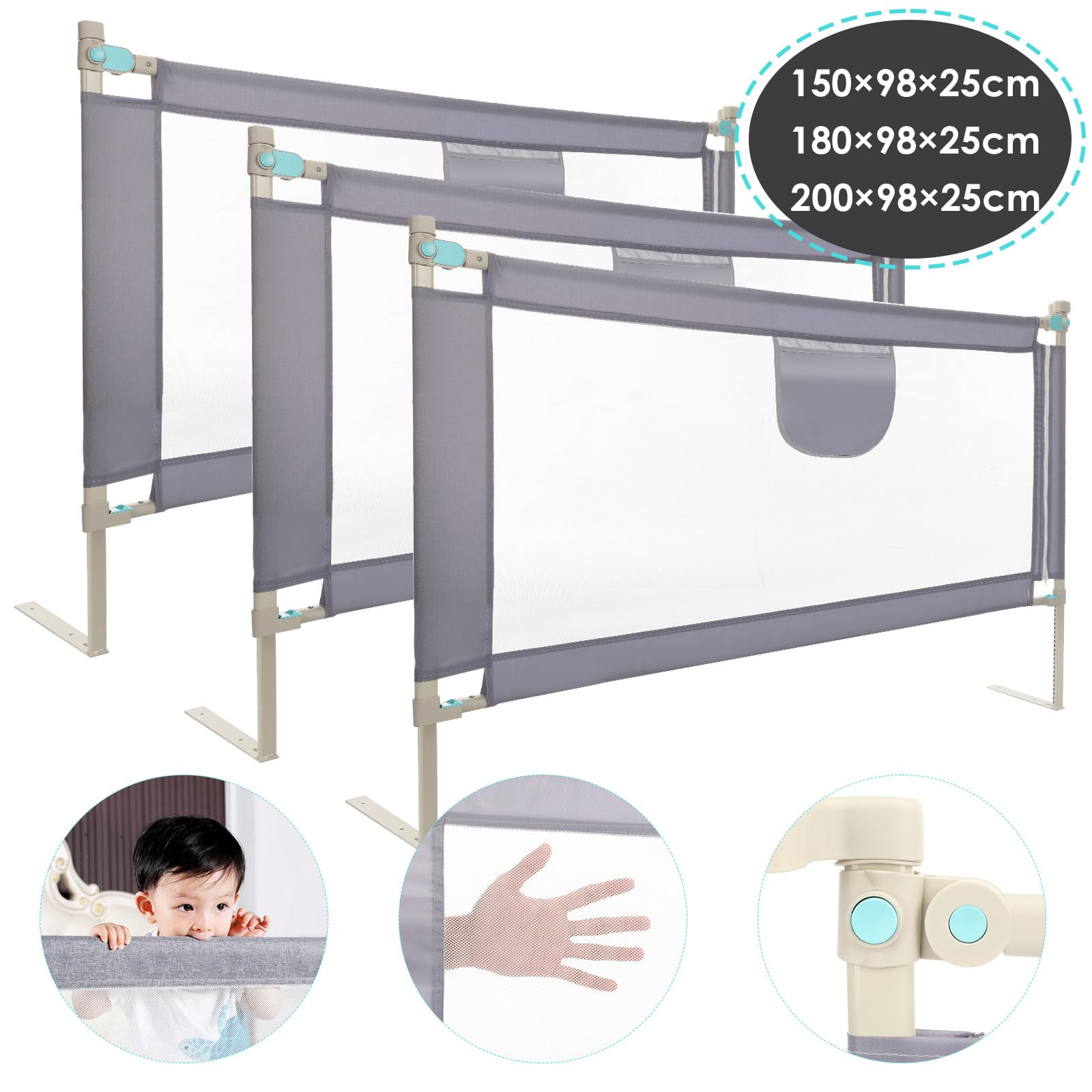 Barrera Seguridad Niños Cama, Barandilla Cama 150/180/200cm, Protección Anticaídas con Malla Transpirable, Barandilla Regulable en Altura 69-98 cm, Pasamanos con Bolsillo Lateral, Apto para Boxspring