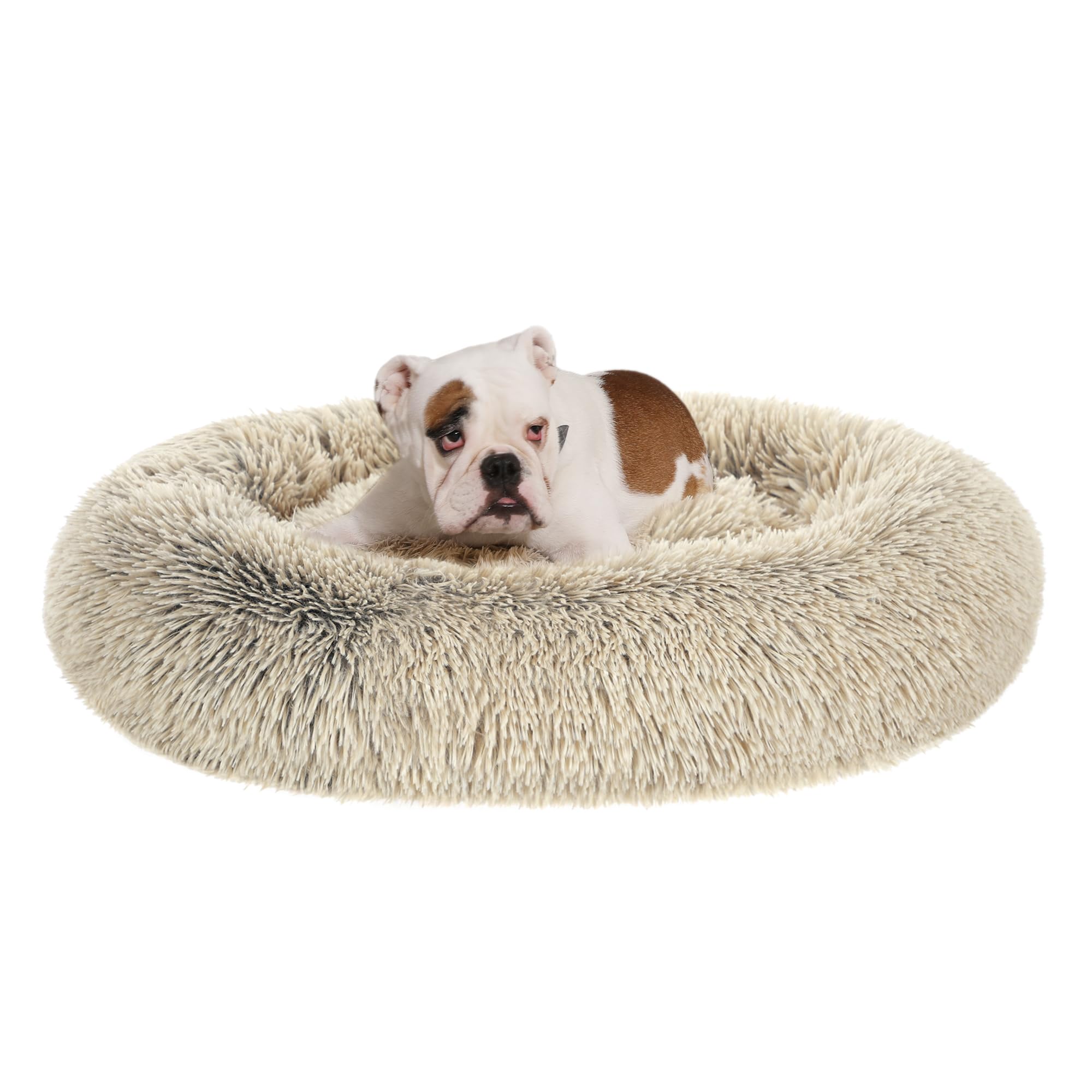 Feandrea Hundebett flauschig, Katzenbett, Donut Kissen, waschbar, Polsterung in der Mitte herausnehmbar, Langer Plüsch, 90 cm Durchmesser, Ombré-Khaki PGW041S01