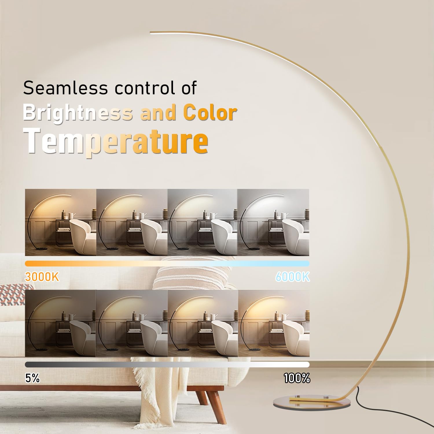 Lámpara de Pie Salon LED, 25W Regulable Lámpara de Pie Arco con Mando a Distancia, Moderna Lampara Pie Luz de Lectura para Salas de Estar, Dormitorios, Oficina, Dorado, 165cm