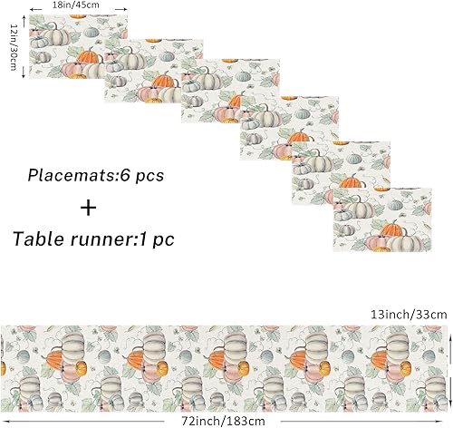 Miniatura 3 de ArtSocket Juego de 6 manteles individuales y camino de mesa de calabazas, hojas de otoño, Halloween, Acción de Gracias, naranja, verde y blanco,