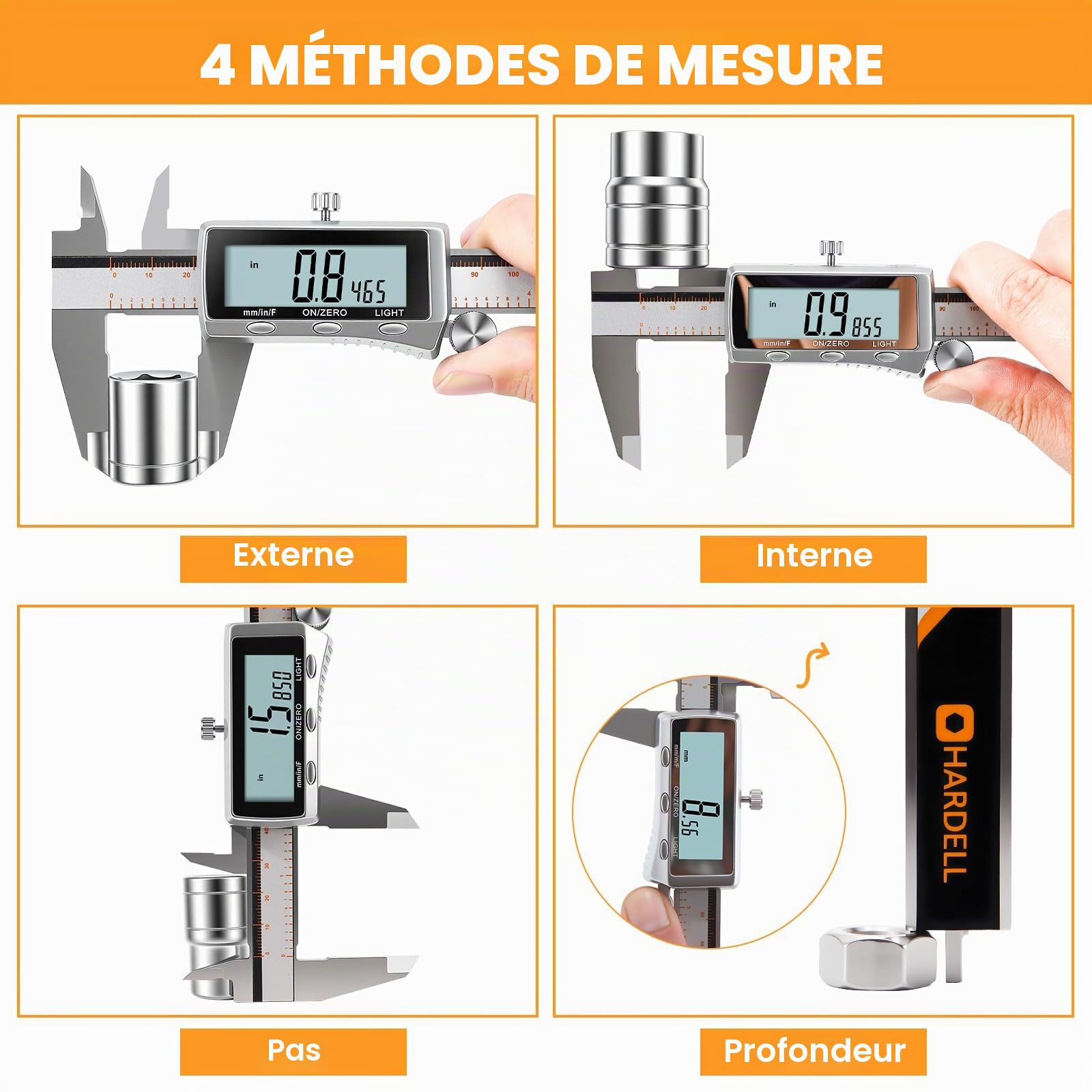 HARDELL Pied à coulisse numérique, outil de mesure rechargeable avec écran LCD rétroéclairé, tous les étriers en métal, micromètre numérique à arrêt automatique, pouces/mm/fraction pour la maison