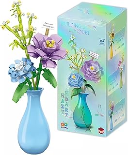 مجموعة ألعاب مكعبات بناء صغيرة بنمط باقة زهور مع فازة من تويز لاند 257 قطعة النباتات الاصطناعية سلسلة نباتات ديكور المنزل للأطفال والنساء والبالغين الكاميليا أكريلونيتريل بوتادين ستايرين