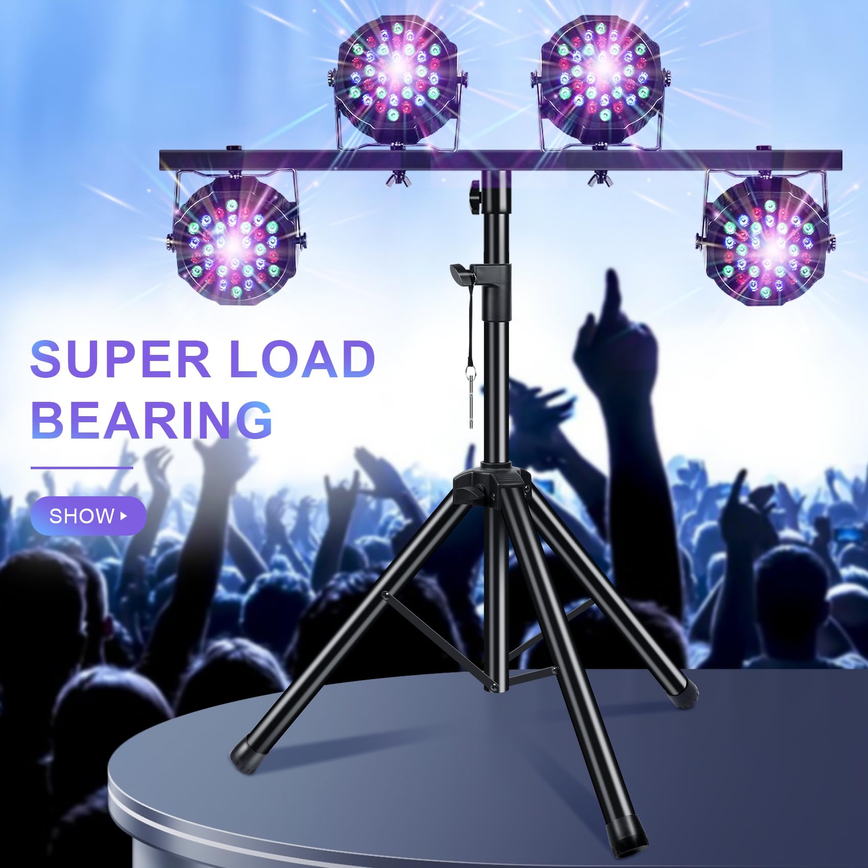 Lot de 2 trépieds lumineux avec traverse - Hauteur réglable de 1 à 2,5 m - Pour éclairage de scène et de concert, jusqu'à 4 lampes DJ