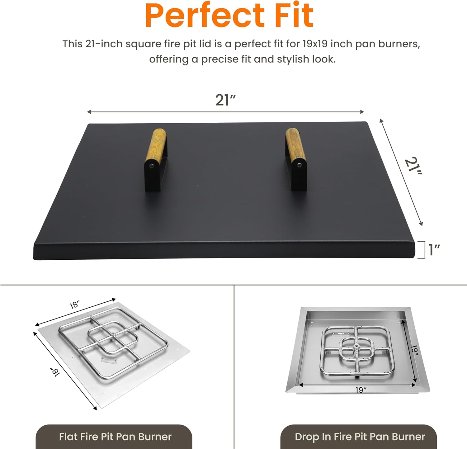 Febtech - 21" Fire Pit Snuffer Lid - Square Carbon Steel FirePit Cover for 19" Fire Pits, Heat-Resistant Coating Lid Square, with Wooden Handles, Outdoor Fire Pit Accessory