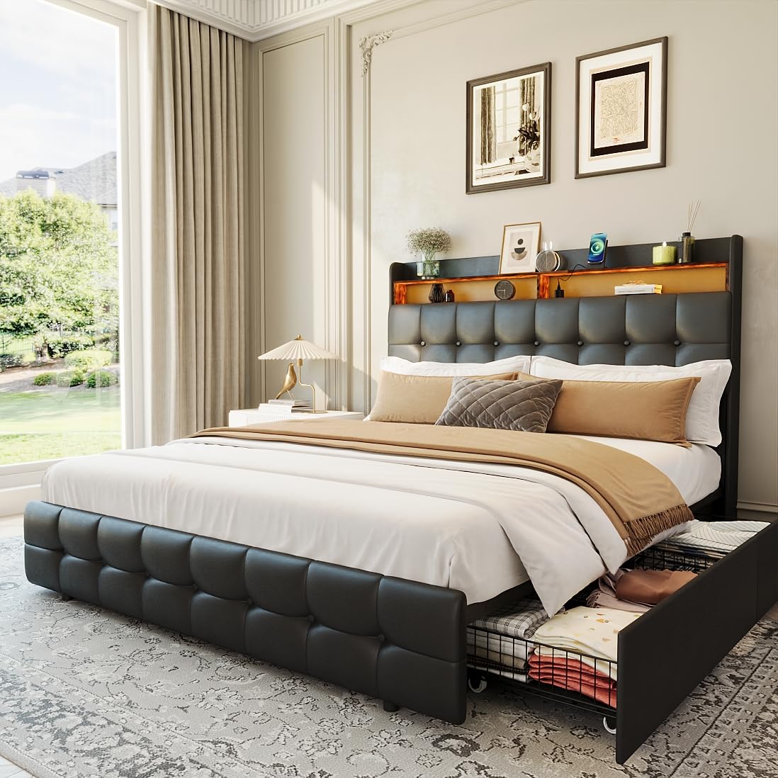 Garvee Full Size Bed Frame with 2 Storage Drawers, Upholstered Bed Frame Full with LED Light, Double-Layer Bedside Headboard with Charging Socket and USB Port, PU Leather, Black