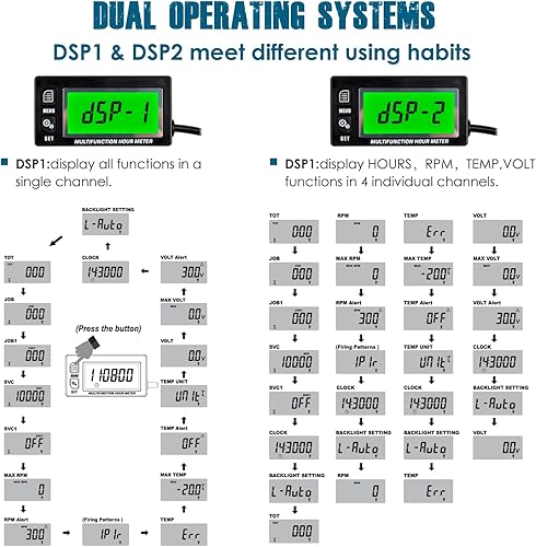 Miniatura 5 de Runleader Tacómetro digital de horas, medidor de temperatura del motor, pantalla de retroiluminación, pantalla LCD grande, batería reemplazable para