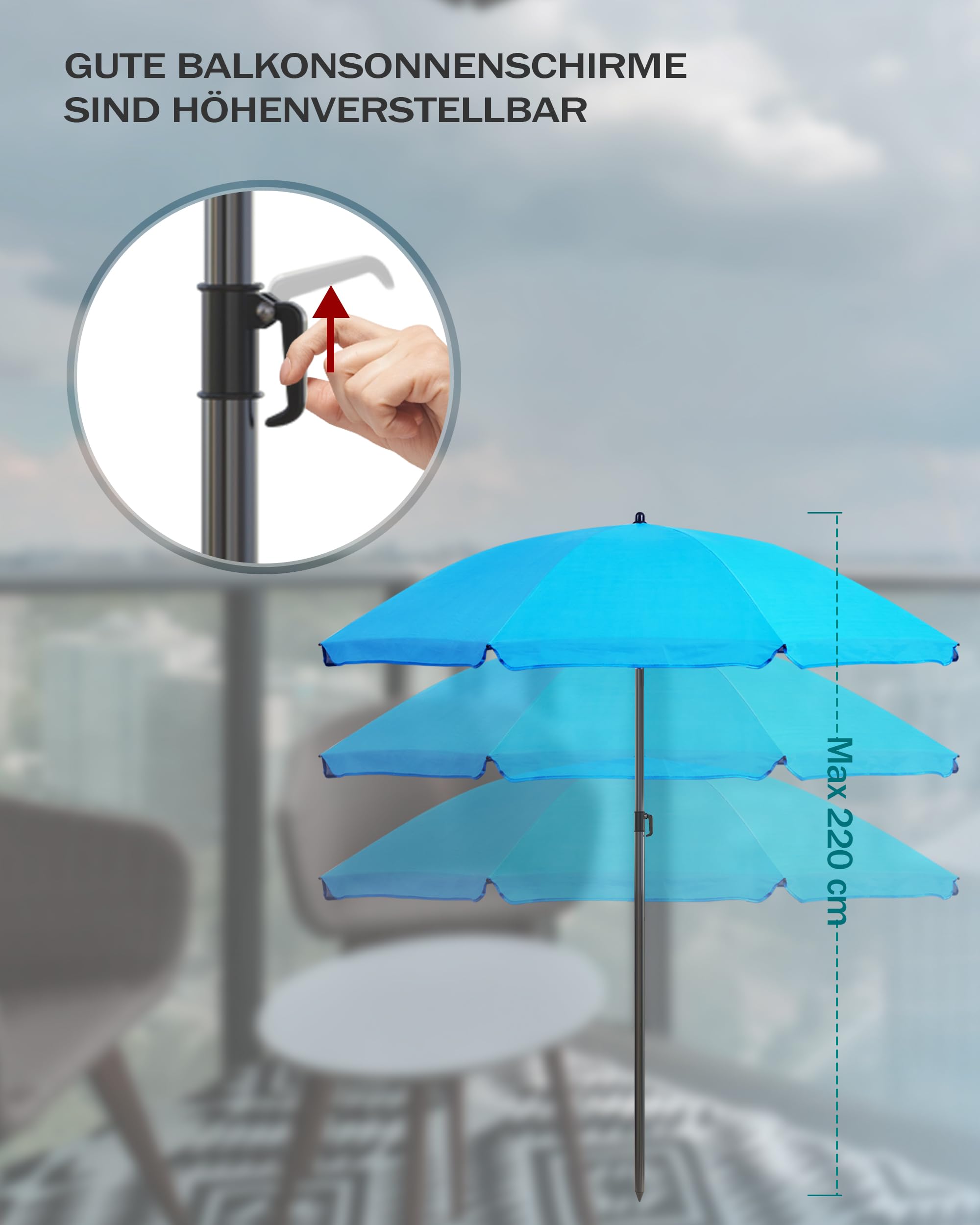 Menz Sonnenschirm Strand 180 cm + Sonnenschirmhülle - UV50+ Strandschirm, Balkonschirm mit Knickfunktion, Gartenschirm, Sonnenschirm Balkon - Fb. Blau