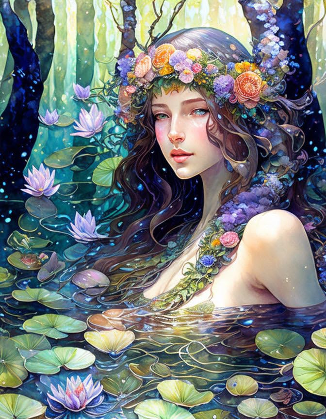 Sirène couronne de fleurs affiche sur toile premium 58 x 90 cm sans cadre