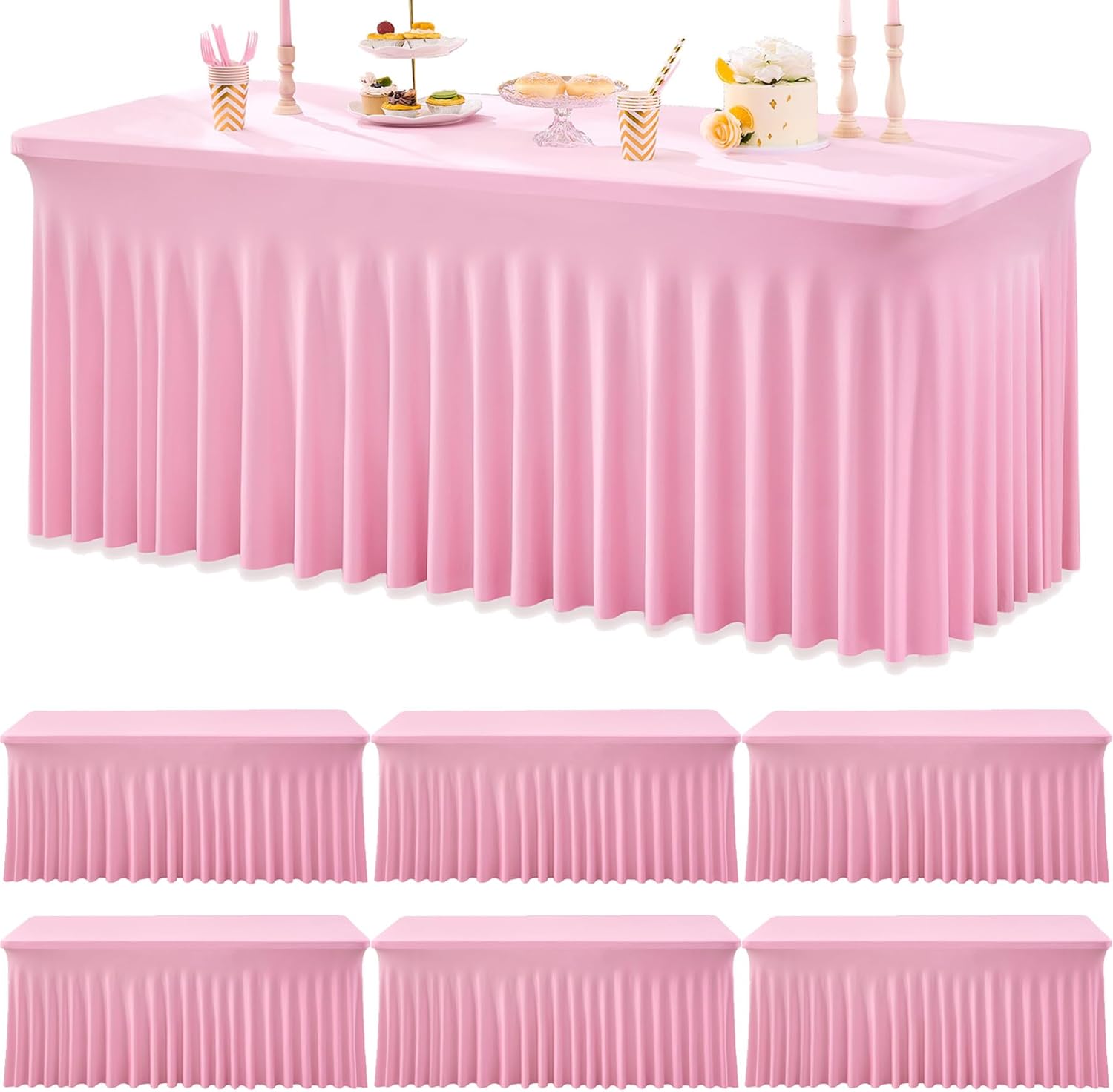 Htper 6 Pack Spandex Baby Pink Tablecloths for 6 Foot