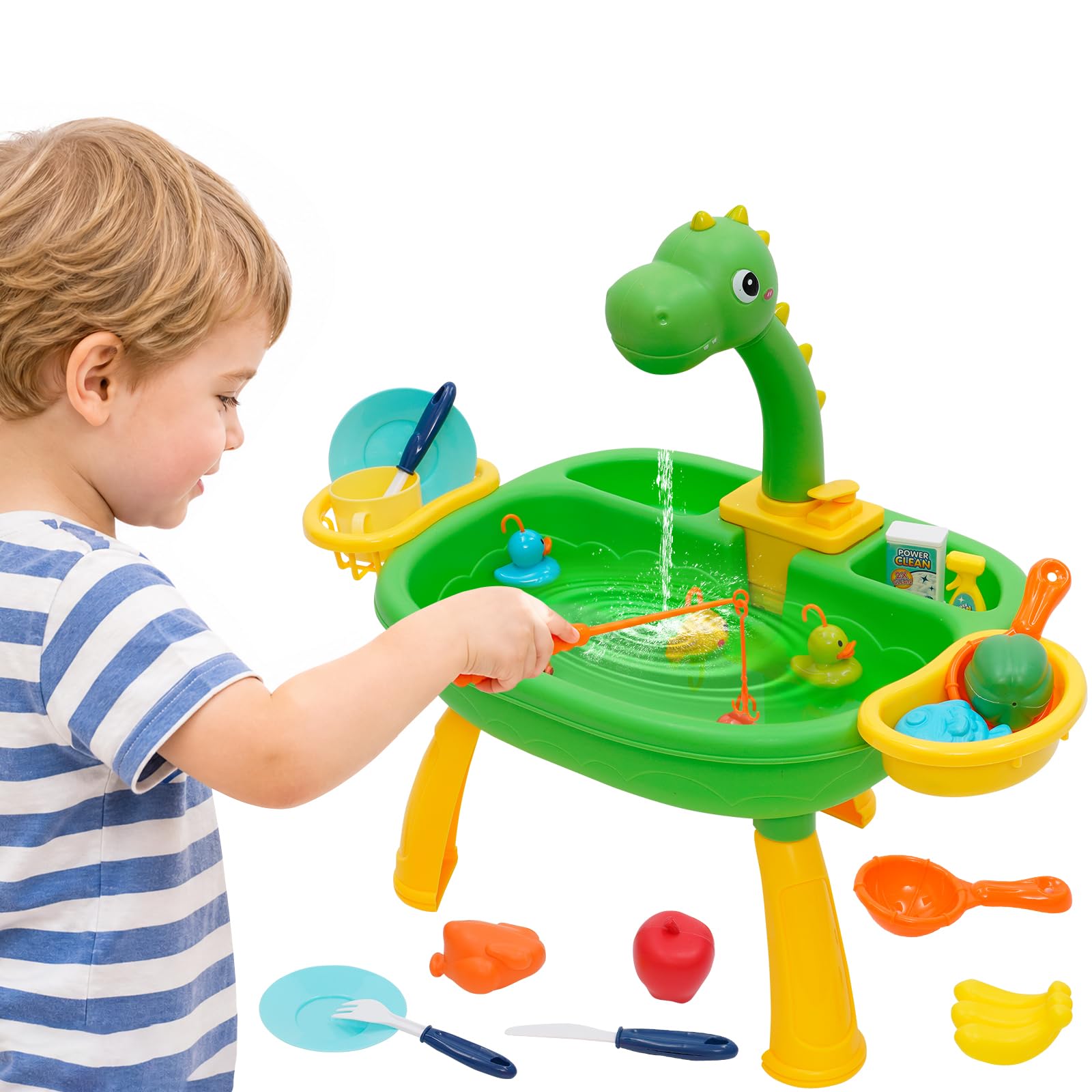 Kids Kitchen Sink Play Set, 2 in 1 Pretend Wash-up Toy with Dinosaur Tap & Auto Water Circulation, Tableware Accessories, Educational Role Play Toy for Boys Girls Ages 3-6