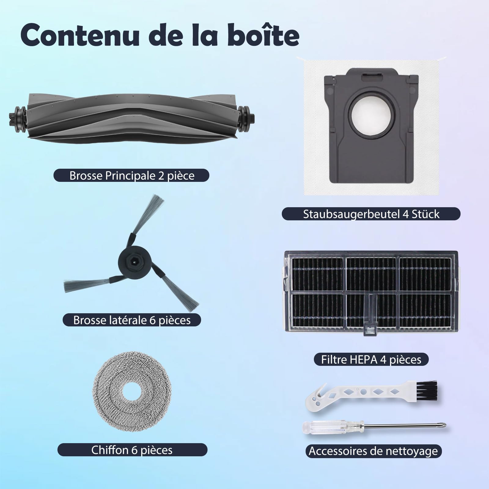Accessoires de Rechange pour Dreame L10s Ultra Gen 3, L50 Ultra AE, X40/L40 Ultra, Mova P50 Pro Ultra Robot Aspirateur, 2 Brosses Principales, 4 Filtres, 6 Brosses Latérales, 6 Serpillières, 4 Sacs