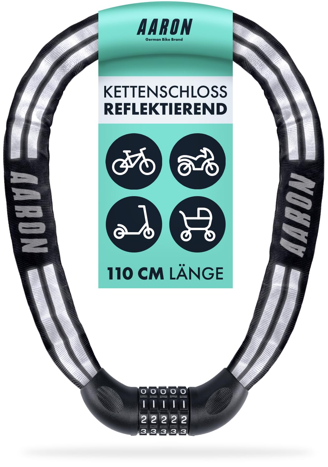 AARON Reflect Fahrradschloss mit 5-stelligem Zahlencode, 120 cm Kettenschloss aus gehärtetem Stahl – schwarz