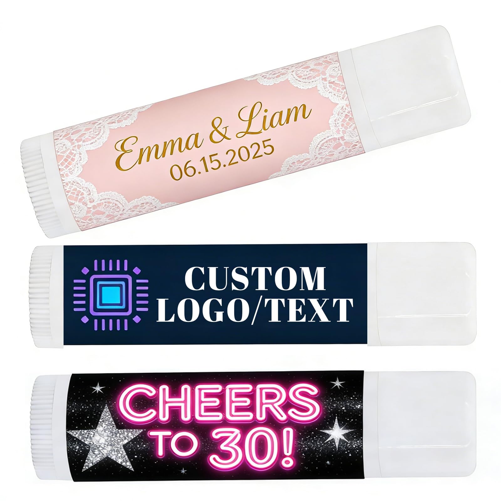 Baume à lèvres personnalisé en vrac avec logo Chapstick personnalisé, articles promotionnels pour cadeaux d'affaires, mariage et événement (100 pièces)