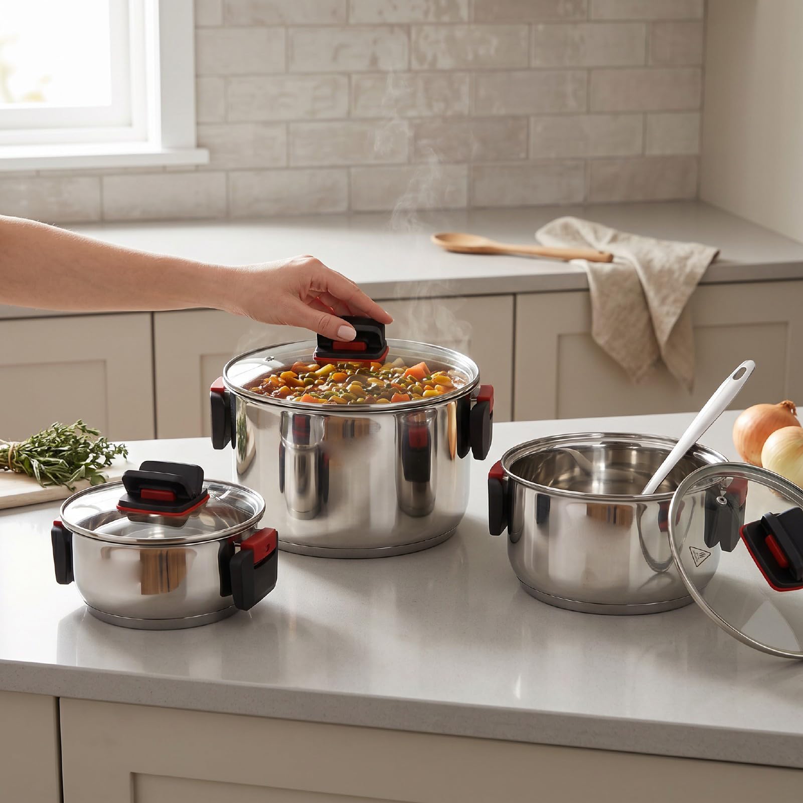 Generic Juego de Ollas Duraderas de Acero Inoxidable, Ollas Antiadherentes para Cocineros Caseros, 3 uds., 1,8l, 2,7l, 5,8l, Seguras para Horno de Inducción