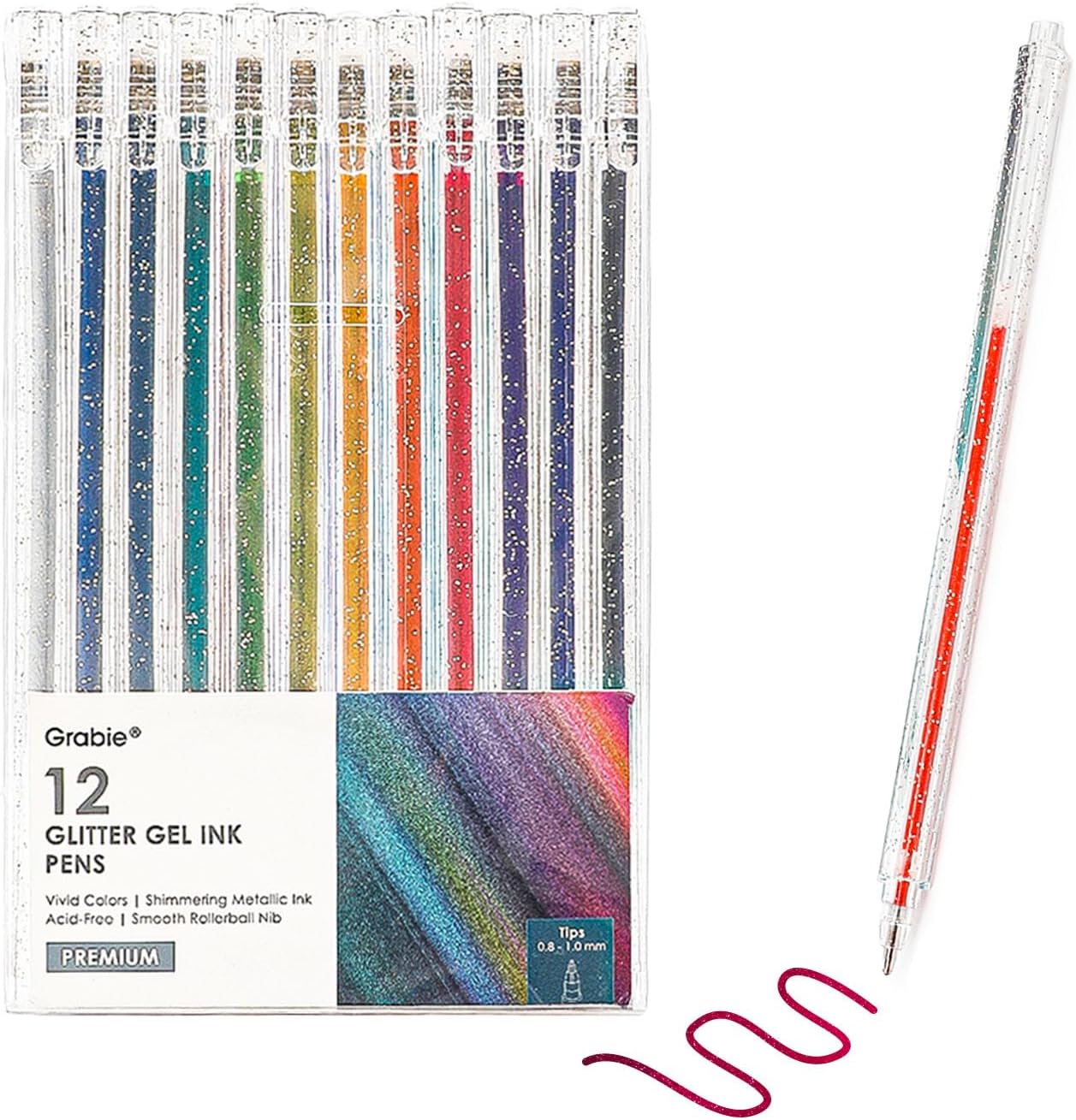 Grabie Glitter Gel Pens,12 Colors Gel Pens for Coloring,Metallic Vibrant Sparkle Colorful Pen, Colored Neon Gel Pens for Adult Coloring Books,…