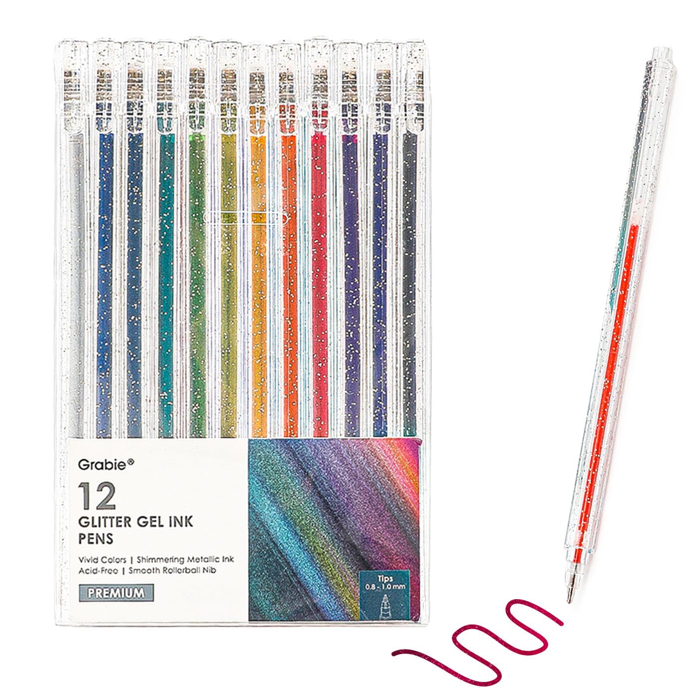 Grabie Glitter Gel Pens,12 Colors Gel Pens for Coloring,Metallic Vibrant Sparkle Colorful Pen, Colored Neon Gel Pens for Adult Coloring Books, Sparkle Pen, Gelly Roll Pens