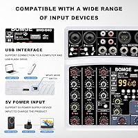 Vista 2 de BOMGE Mini mezclador de audio Bluetooth DJ de 4 canales con efectos, interfaz USB, grabación estéreo, alimentación fantasma de 48 V para PC, Blanco