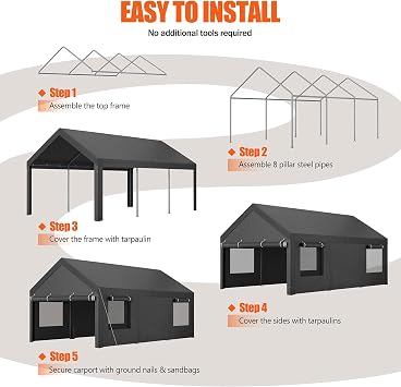 JAMFLY Carport, 12x20 ft Heavy Duty Carport with Roll-up Windows, Portable Garage with Removable Sidewalls & Doors, Car Canopy with Sandbags and All-Season Tarp for Car Boat Truck Motorcycle, Grey