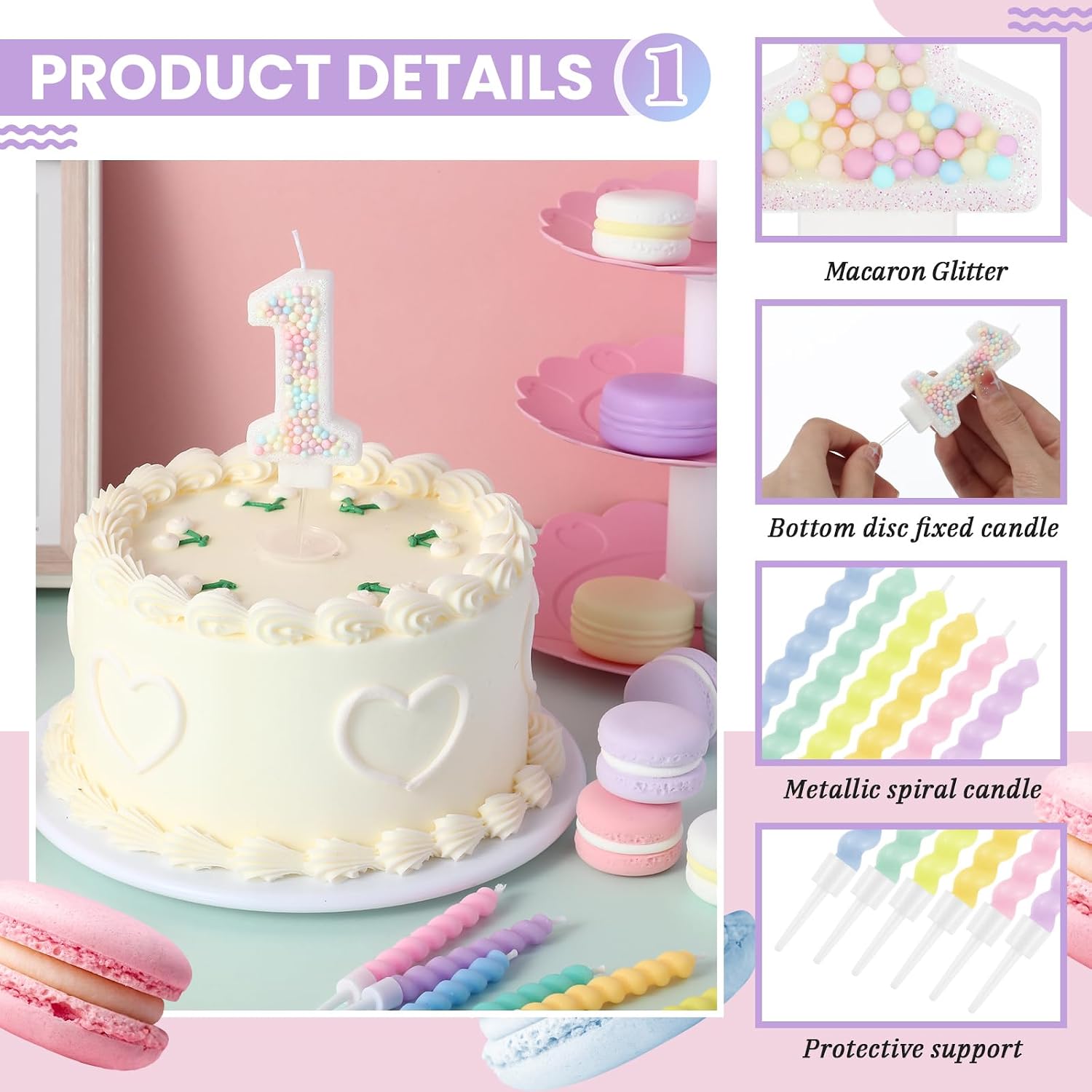 MTLEE White Macaron Number 1 Birthday Candle with 12 Rainbow Spiral Candles image 3