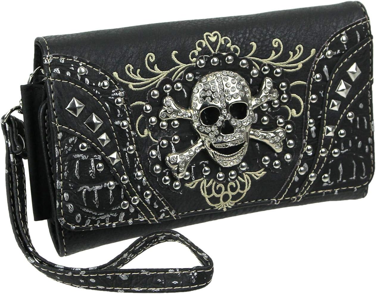 Black Magnetic Snap Trifold Wallet Rhinestone Skull Metallic Trim