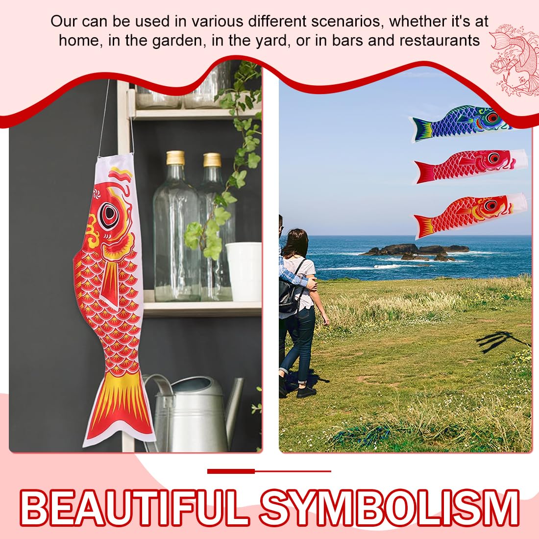 1 paquete de 70 cm de manga de viento de carpa colorida para jardín, serpentina de carpa de molino de viento, decoración colgante de paraguas, serpentina de carpa, bandera de jardín japonesa (rojo)