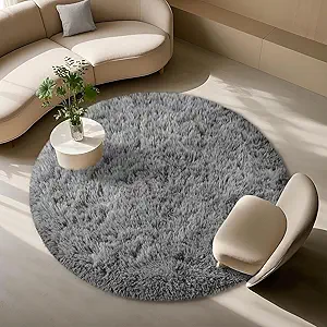 Grey Round Rugs for Bedroom 4x4 ft - Ultra Soft Faux Fur Area Rug - Plush Non-Slip Shaggy Carpet for Living Room, Cozy Fluffy Rug for Kids Boys Girls Dorm Nursery Room, High Pile Floor Carpet