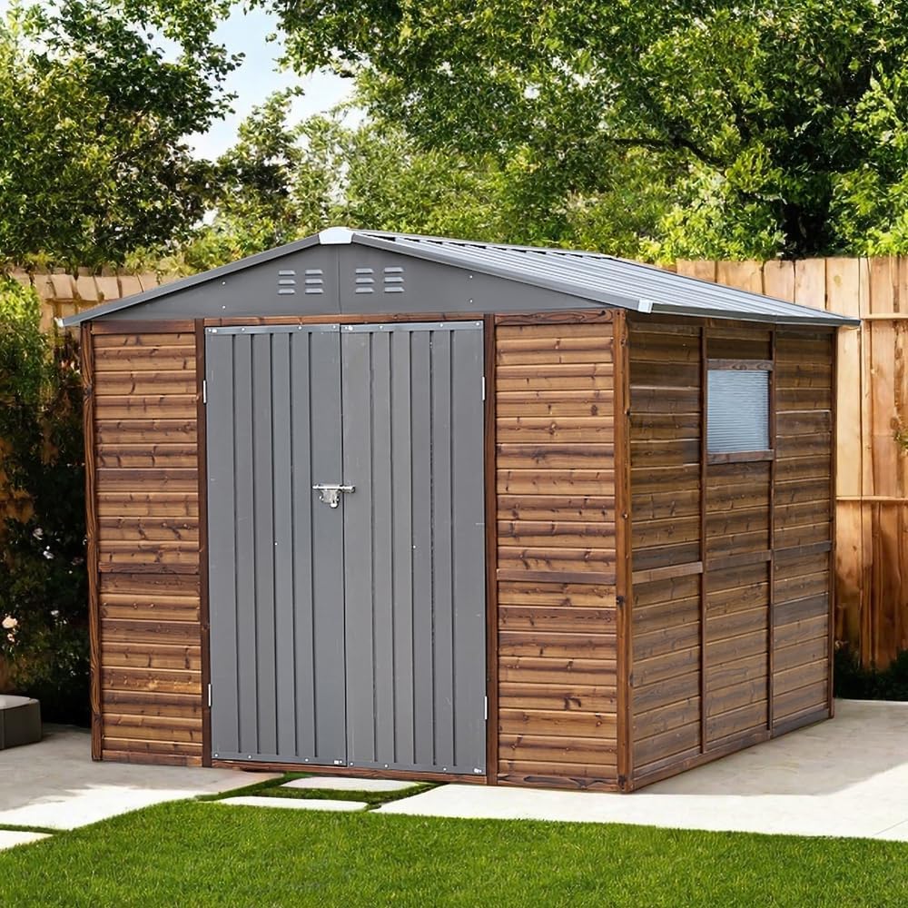 8 ft x 8 ft Metal and Wood Hybrid Tool Shed for Outdoor Storage and Workshop Use