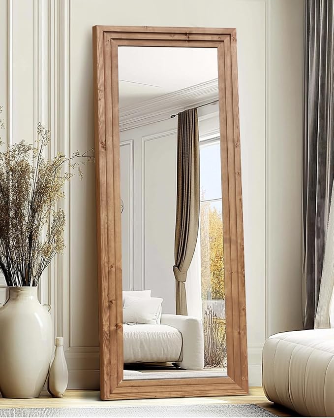 Full Length Mirror 58"x22" Solid Wood Frame Floor Large Mirror for Living Room, Bedroom Hanging or Leaning Wall-Mounted, Light Brown