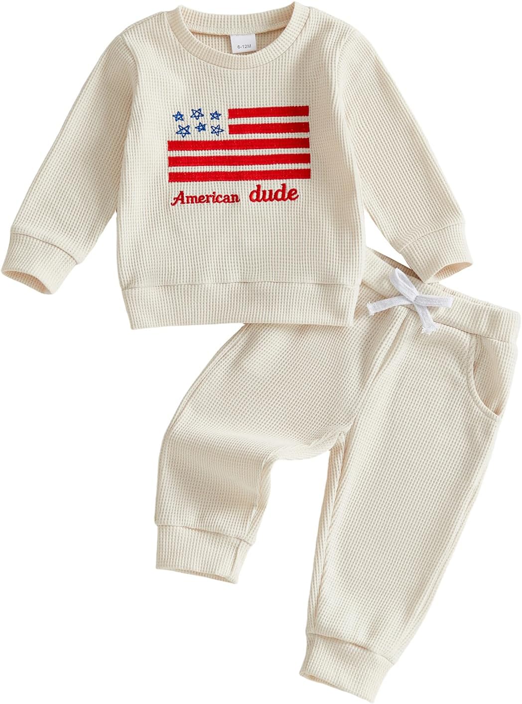 Toddler Boy 4th of July Outfit Infant Baby Patriotic Clothes American Dude Long Sleeve Flag Tops and Waffle Pants Set
