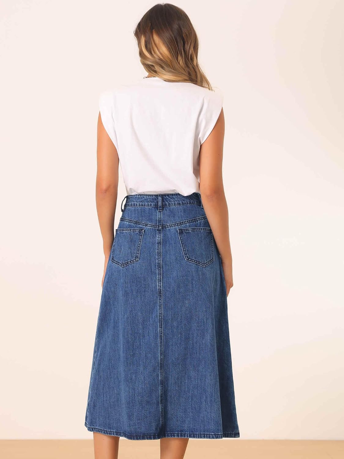 Allegra K Midi Denim Skirt Women High Waisted Flap Pockets A-Line Long Jean Skirt - Image 2