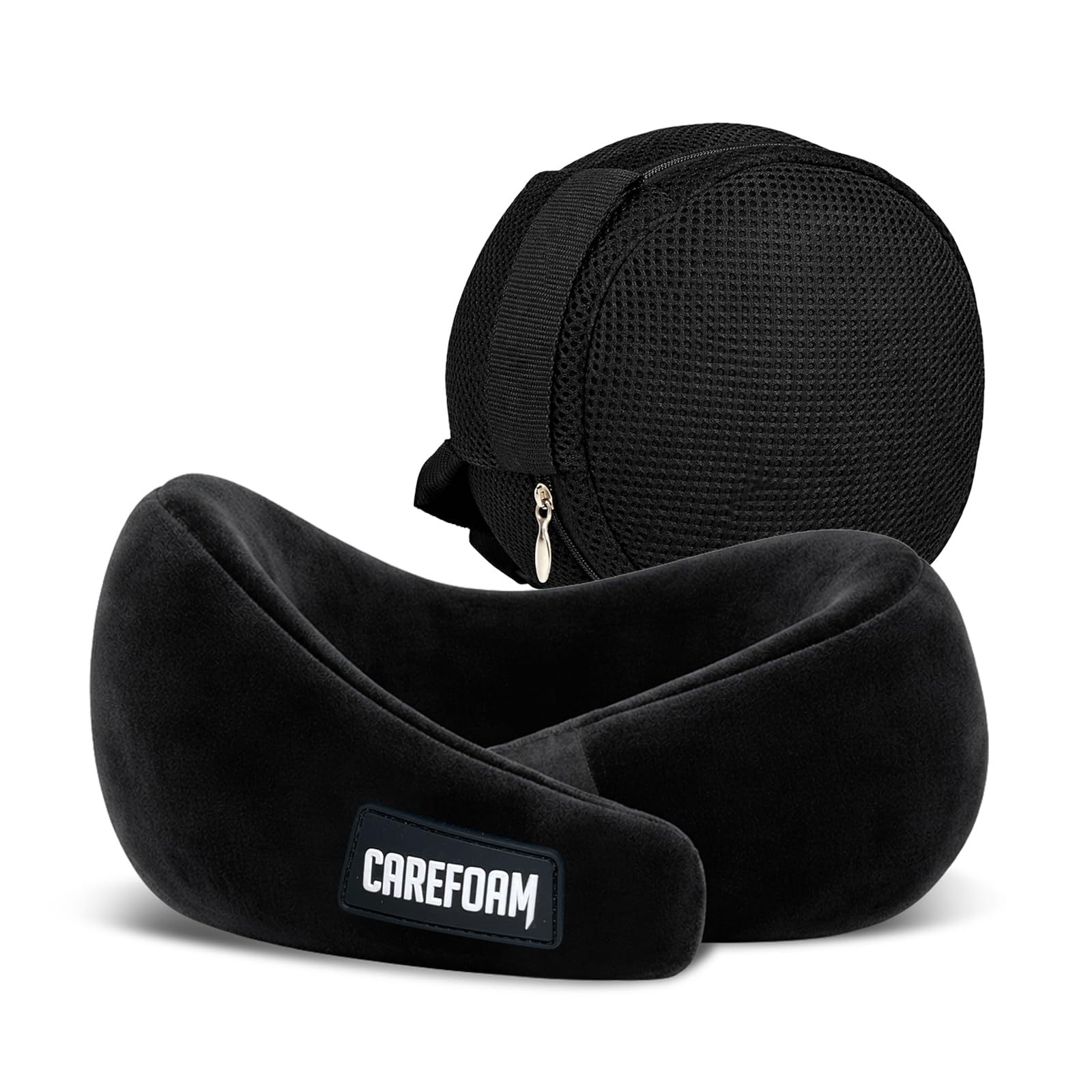 CareFoam Virgin Memory Foam Travel Neck Pillow for Airplane, Car & Train – Dual Height (5" & 4") 360° Neck Support with Adjustable Velcro Fastening & Ultra-Soft Velvet Cover