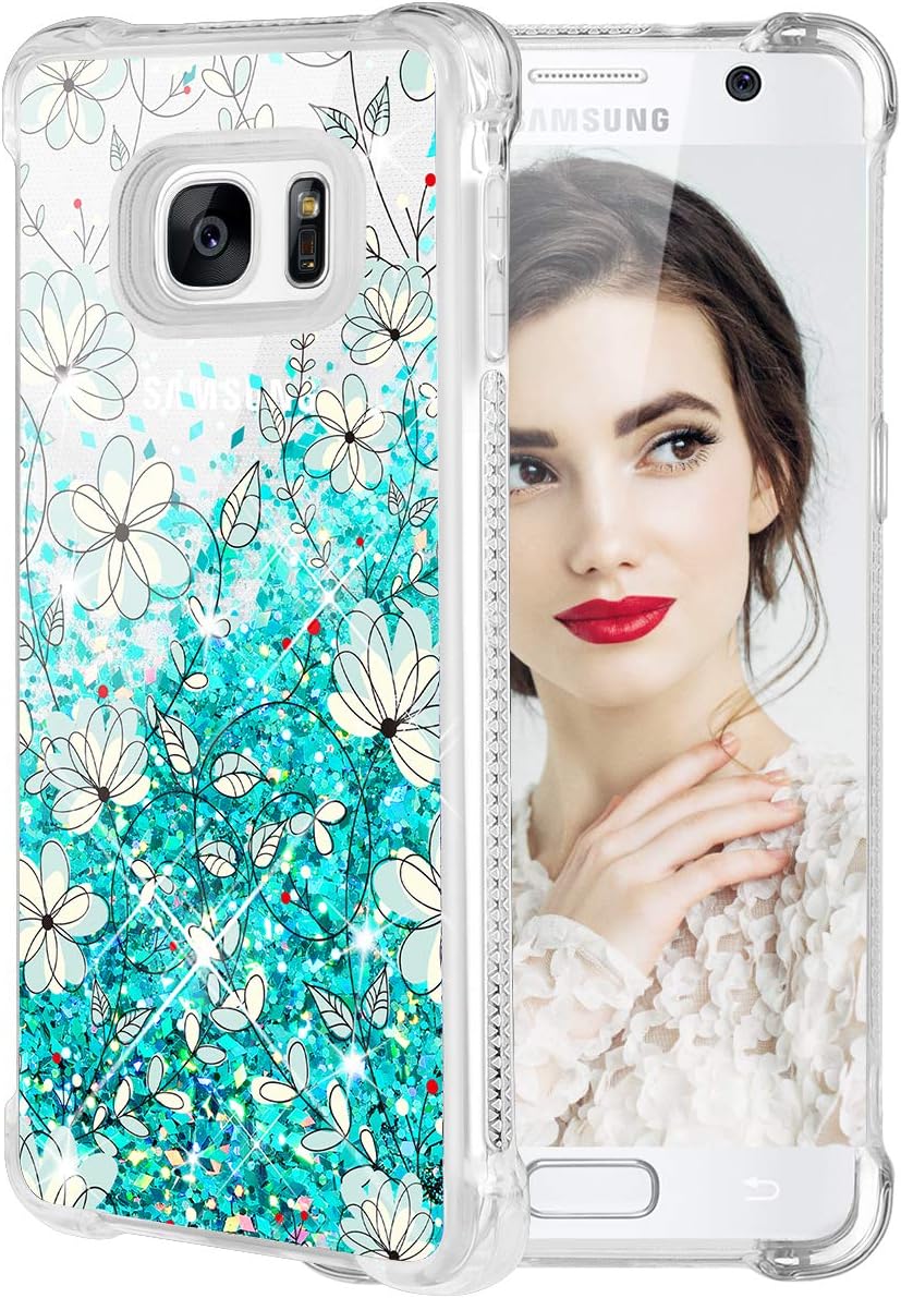 Caka Galaxy S7 Case, Galaxy S7 Floral Glitter Case Flower Pattern Series Luxury Fashion Bling Flowing Liquid Floating Sparkle Glitter Girly Soft TPU Case for Samsung Galaxy S7 (Teal Vine)