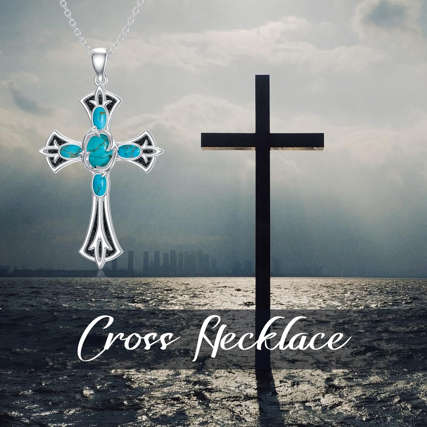 Genuine Turquoise Cross Necklace for Women Sterling Silver Gemstone Western Boho Pendant Jewelry Gifts for Her - Image 2