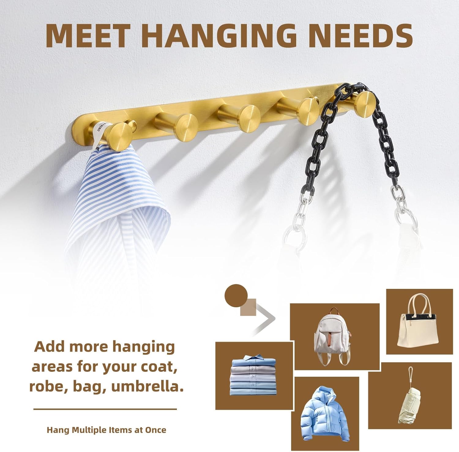 Brushed Gold Stainless Steel Wall Mounted Towel Hook Rack