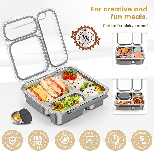 Miniatura 4 de Caja Bento de Acero Inoxidable para Niños y Adultos con Termo para Sopa de 7oz, Tapa Transparente, Caja de Almuerzo Metálica de 3 Compartimentos con