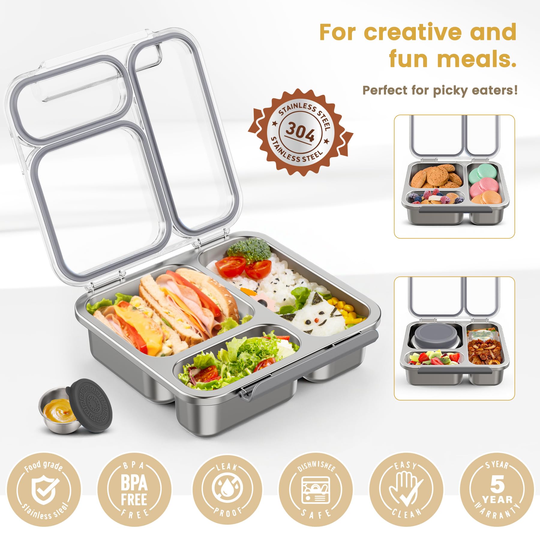 Itslife Bento Lunch Box Adulti Bambini in Acciaio Inox con 200ml Contenitore Termico per Alimenti, Porta Pranzo 3 Scomparti con Contenitore per Salse, per Lavoro Picnic Ufficio, senza BPA, Grigio