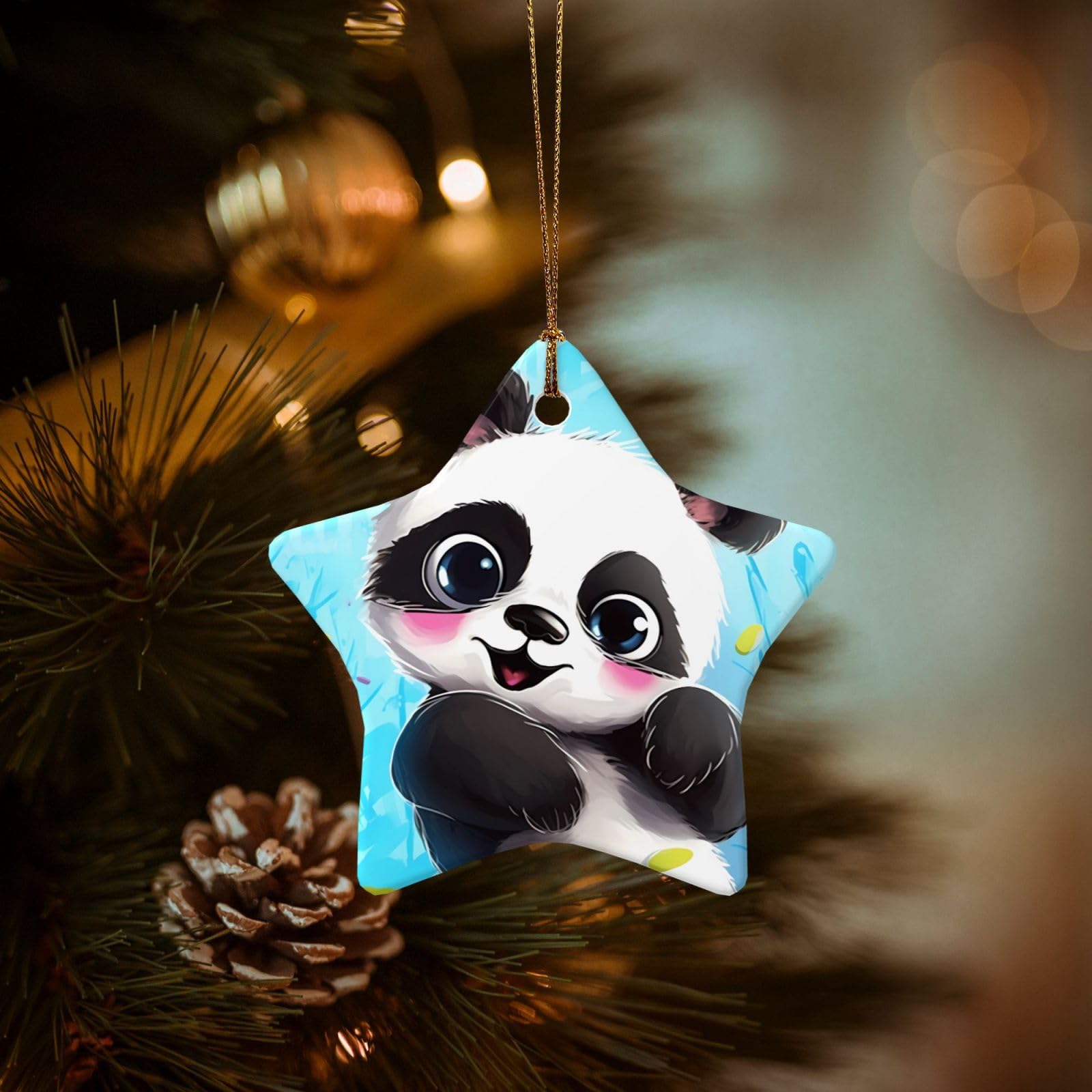 Christmas Tree Ornaments Ceramics Christmas Decorations Cute Panda Ornaments with Gold Ribbon Porcelain Xmas Tree Crafts Star Shape Hanging Pendant for Christmas Tree Party Decor