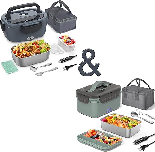 Vingud Fiambrera eléctrica para alimentos, 2 juegos de fiambrera térmica para adultos, 12 V, 24 V, 110 V, lonchera portátil para trabajo, automóvil,