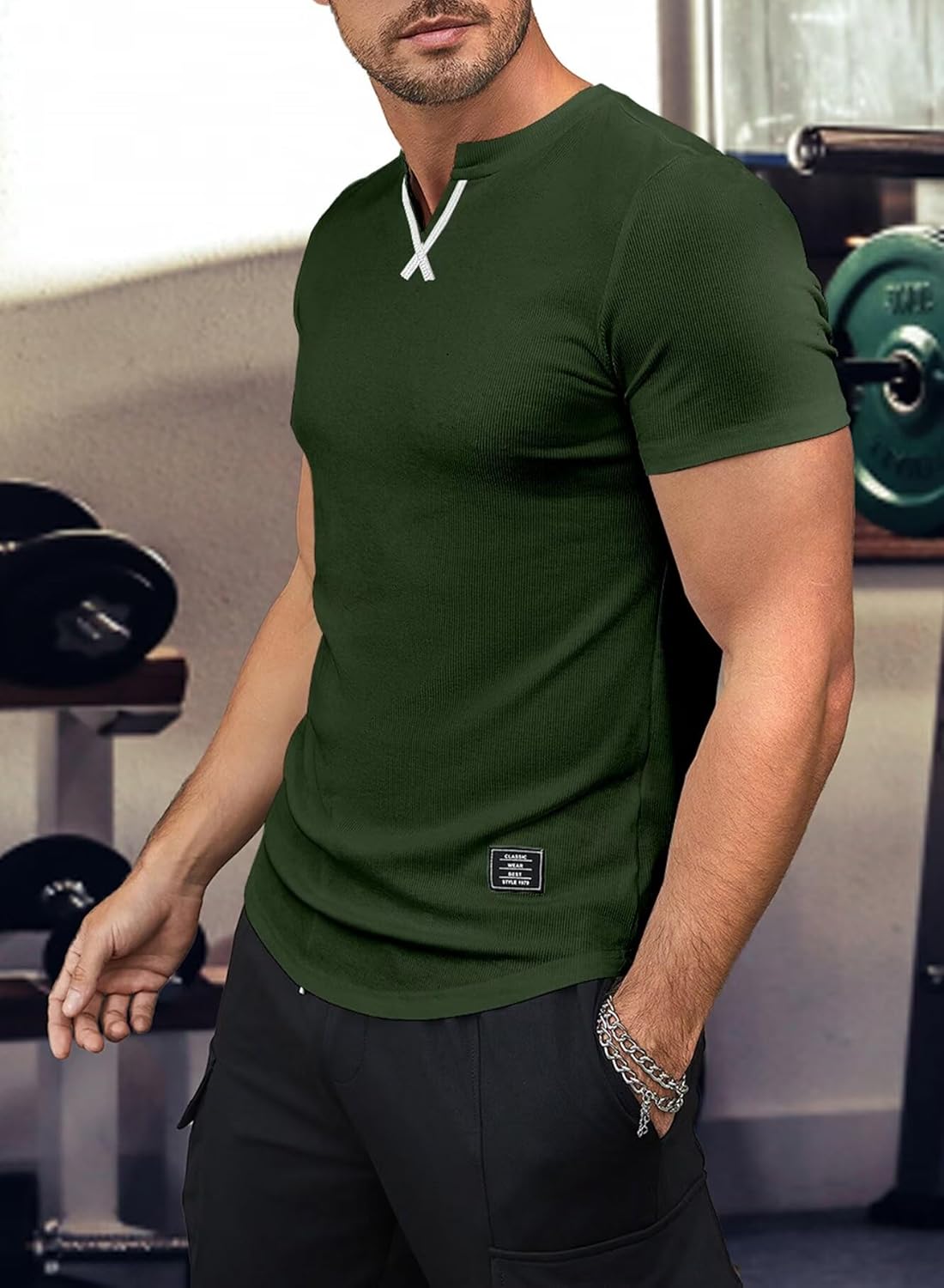 Men's Muscle Shirt V Neck Slim Longline Short Sleeve Henley Shirt Gym Workout Athletic Tees Mens Tights for Sports