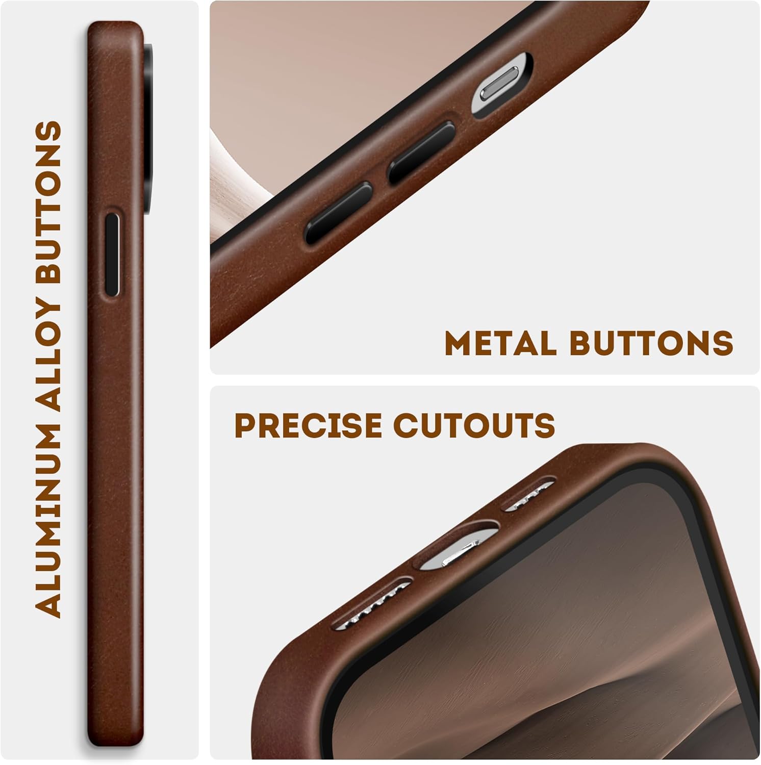 Genuine Leather Case for iPhone 14 Pro, Compatible with MagSafe, Oil Wax Top-Grain Leather, Metal Buttons and Camera Bezel Rustic Brown