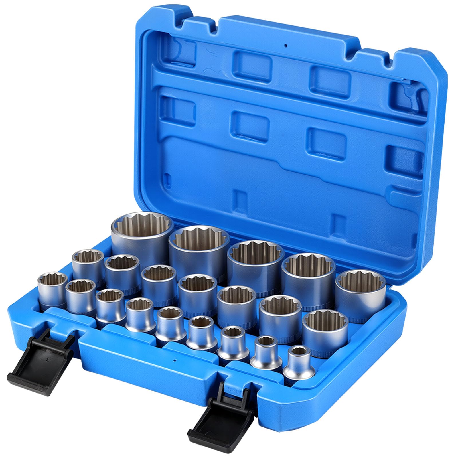 Set di 21 chiavi a bussola multidente, attacco da 1/2", 8-36 mm, acciaio al cromo vanadio, custodia blu