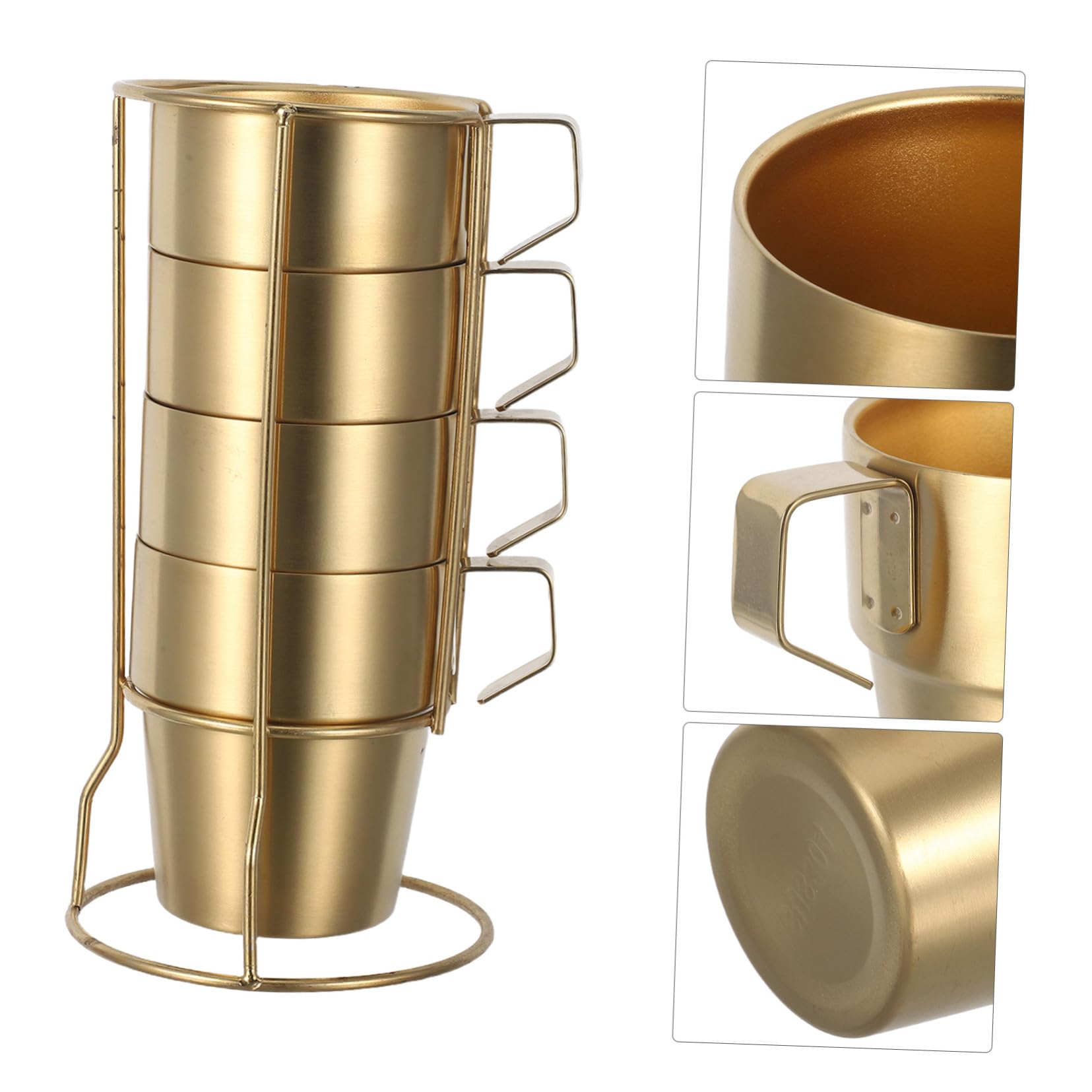 NUOBESTY Juego de Tazas de Acero Inoxidable 300ml con Asa, Doble Pared | Apilables con Rejilla, Color Dorado, para Camping y Aventuras al Aire Libre, Aptas para Bebidas