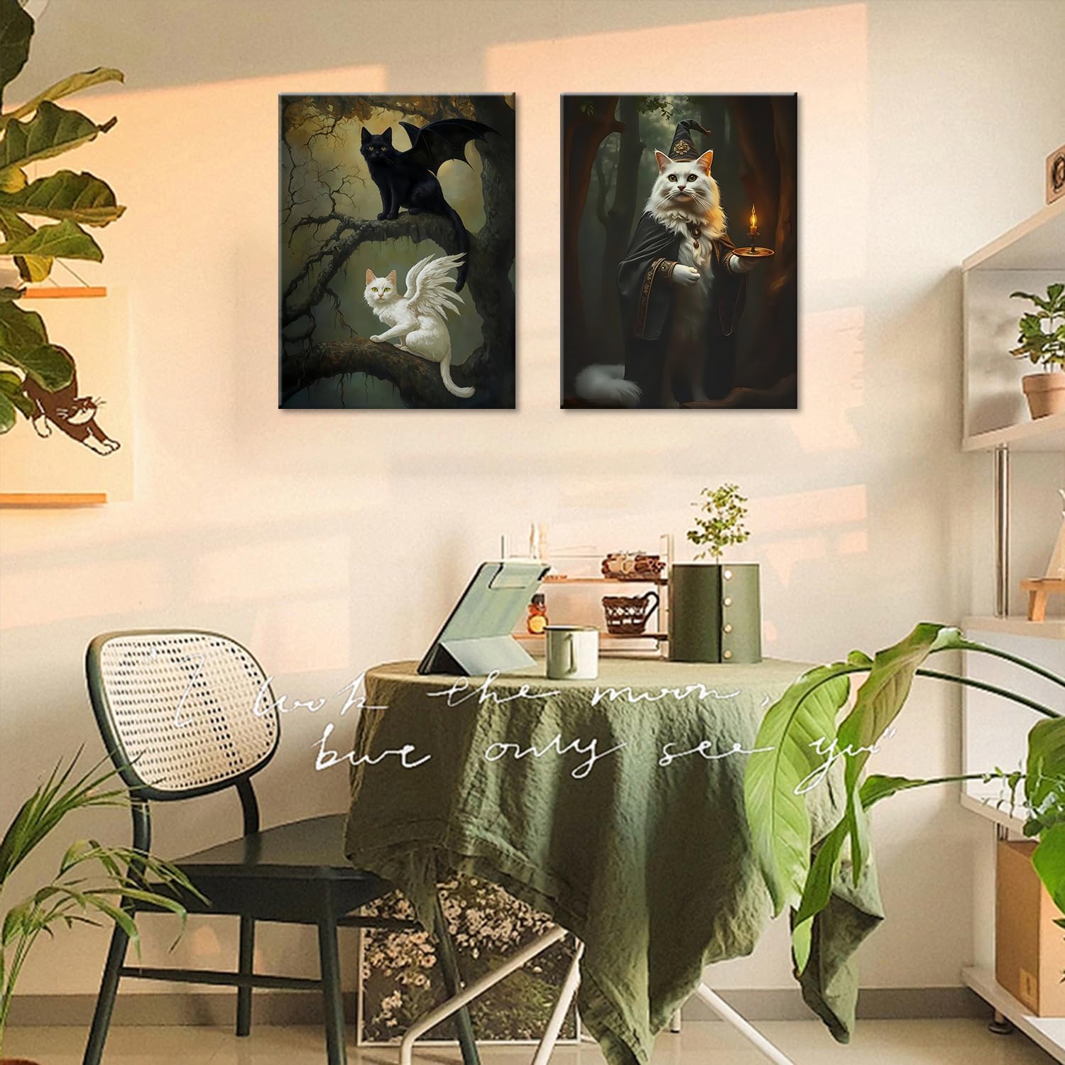 ouiytws Mystical Fantasy Cat Wall Art，Gothic Black Cat with Bat Wings & White Wizard Cat Canvas Prints，Dark Forest Pictures，Mystical Witchcraft poster，Gothic Home Decoration，Framed12 x 16In x 2